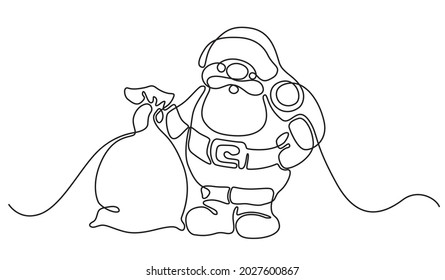 One line continuous contour, silhouette of Santa Claus in hand drawn minimal style vector illustration. Black single line art isolated on white background. Winter decor, Christmas, New Year decoration