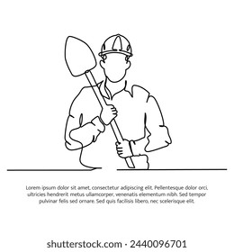 One line continuous of contractor holding a shovel.Minimalist style vector illustration in white background.