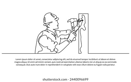 Una línea continua de un contratista clava con un martillo. Ilustración vectorial de estilo minimalista en fondo blanco.

