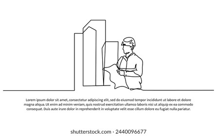 One line continuous of contractor plans construction. Minimalist style vector illustration in white background.
