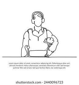 One line continuous of contractors carry security hats. Minimalist style vector illustration in white background.
