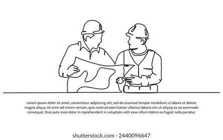 One line continuous of contractors are discussing. Minimalist style vector illustration in white background.
