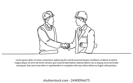 Una línea continua de contratistas trabajan juntos. Ilustración vectorial de estilo minimalista en fondo blanco.
