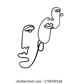 One line continuous line couple faces. Cubism face in abstract style. Black and white minimal design for modern poster, contemporary wall art decor, print for cloth. 