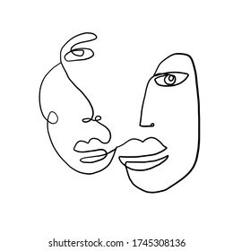 One line continuous line couple faces. Cubism face in abstract style. Black and white minimal design for modern poster, contemporary wall art decor, print for cloth. 