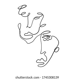 One line continuous line couple faces. Cubism face in abstract style. Black and white minimal design for modern poster, contemporary wall art decor, print for cloth. 