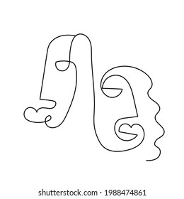 Una línea continua de la pareja de caras. El cubismo se enfrenta en un estilo abstracto. Diseño minimalista en blanco y negro para póster moderno, decoración contemporánea de arte en la pared, impresión para tela. 