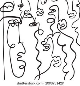 One line continuous line couple faces. Cubism face in abstract style. Black and white minimal design for modern poster, contemporary wall art decor, print for cloth. 
