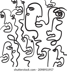 Ein durchgehendes Zeilenpaar hat Gesichter. Der Kubismus sieht abstrakter Art aus. Schwarz-Weiß minimalistisches Design für modernes Poster, zeitgenössische Tapeten-Dekoration, Stoffdruck. 