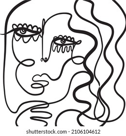 One line continuous line couple faces. Cubism face in abstract style. Black and white minimal design for modern poster, contemporary wall art decor, print for cloth. 