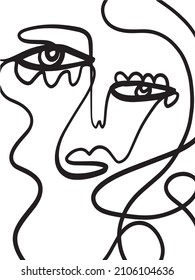 One line continuous line couple faces. Cubism face in abstract style. Black and white minimal design for modern poster, contemporary wall art decor, print for cloth. 
