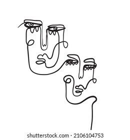 One line continuous line couple faces. Cubism face in abstract style. Black and white minimal design for modern poster, contemporary wall art decor, print for cloth. 
