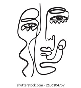 One line continuous line couple faces. Cubism face in abstract style. Black and white minimal design for modern poster, contemporary wall art decor, print for cloth. 