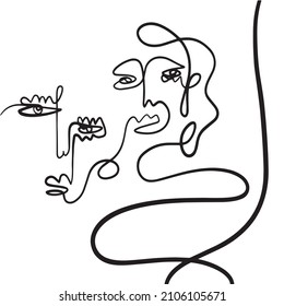 One line continuous line couple faces. Cubism face in abstract style. Black and white minimal design for modern poster, contemporary wall art decor, print for cloth. 