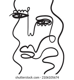 One line continuous line couple faces. Cubism face in abstract style. Black and white minimal design for modern poster, contemporary wall art decor, print for cloth. 