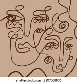 One line continuous line couple faces. Cubism face in abstract style. Black and white minimal design for modern poster, contemporary wall art decor, print for cloth. 