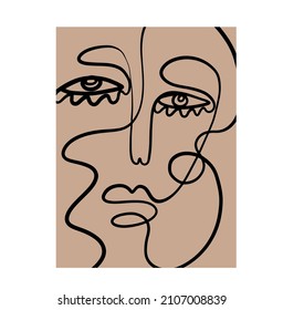 One line continuous line couple faces. Cubism face in abstract style. Black and white minimal design for modern poster, contemporary wall art decor, print for cloth. 