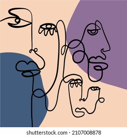 One line continuous line couple faces. Cubism face in abstract style. Black and white minimal design for modern poster, contemporary wall art decor, print for cloth. 