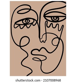 One line continuous line couple faces. Cubism face in abstract style. Black and white minimal design for modern poster, contemporary wall art decor, print for cloth. 