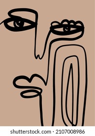 One line continuous line couple faces. Cubism face in abstract style. Black and white minimal design for modern poster, contemporary wall art decor, print for cloth. 