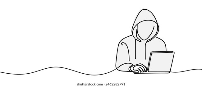 One line continuous cyber security hacker symbol. Silhouette of online financial security thief. vector illustration.