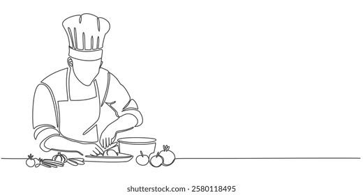 One line continuous design of chef with hat. Cooking art design, serving food. Minimalist style vector illustration on transparent background.