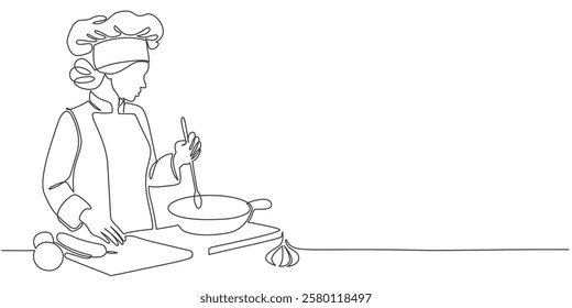 One line continuous design of chef with hat. Cooking art design, serving food. Minimalist style vector illustration on transparent background.