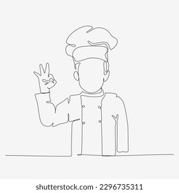 One line continuous design of kid chef showing food delicacy. Cute cooking art character. Minimalist style vector illustration on white background.