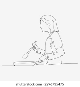 One line continuous design of mom is cooking in the kitchen. Minimalist style vector illustration on white background.