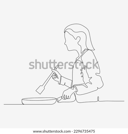 One line continuous design of mom is cooking in the kitchen. Minimalist style vector illustration on white background.