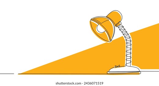 One line continuous desk lamp on white background. Luminous table lamp isolated. Outline vector illustration.