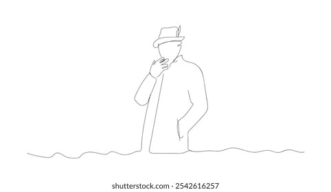 Una línea de detective continuo con eso. Sosteniendo el cigarrillo. Pensando mientras se investiga el caso. Detective privado en sombrero y trinchera. Vector hecho a mano, no IA