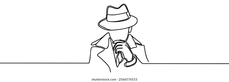 One line continuous detective with hat. Thinking while investigating case. Private detective in hat and trench.