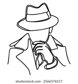 One line continuous detective with hat. Thinking while investigating case. Private detective in hat and trench.