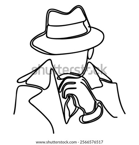 One line continuous detective with hat. Thinking while investigating case. Private detective in hat and trench.