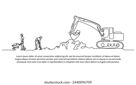 One line continuous of dig the ground using an excavator. Minimalist style vector illustration in white background.
