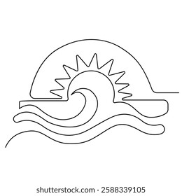 One line continuous drawing art of sunset with outline vector illustration