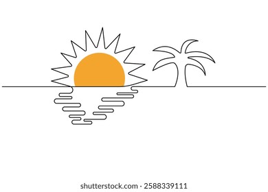 One line continuous drawing art of sunset with outline vector illustration