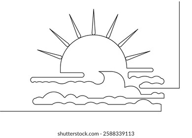 One line continuous drawing art of sunset with outline vector illustration
