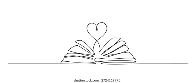 One line, continuous line drawing of a book and a heart. Minimalist illustration representing reading, knowledge, education, learning, literature, and love for books.