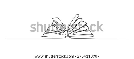 One line, continuous line drawing of a book. Minimalist illustration representing reading, knowledge, education, learning, literature, and love for books.