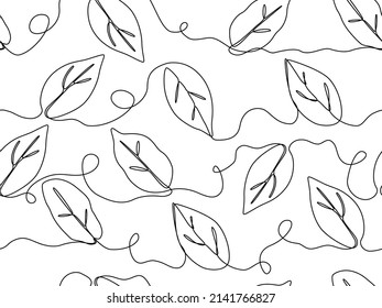 one line continuous drawing of botanical tree leaf in seamless pattern