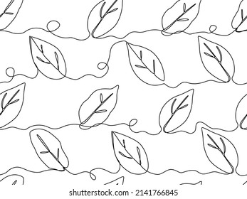 one line continuous drawing of botanical tree leaf in seamless pattern