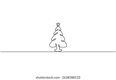 One line continuous drawing of a Christmas tree with star on top and Isolated on white background,  One line drawing Christmas tree, Christmas tree doodle Isolated.