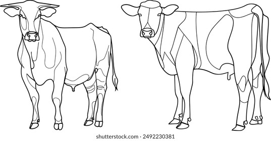 Dibujo continuo de una vaca. Símbolo del toro. Ilustración de animales de granja hecha con dibujos continuos de una línea. 