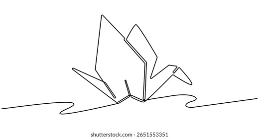 uma linha de desenho contínuo origami guindaste, Origami. Pombos. Uma linha, desenho contínuo de uma linha de origami de pássaro guindaste. Ilustração de desenho de uma linha de origami. Conceito de arte japonesa