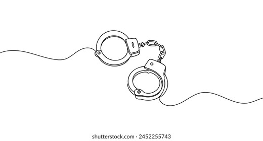 One line continuous drawing design of Handcuffs isolated on white background.