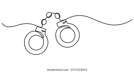 One line continuous drawing design of Handcuffs isolated on white background, Handcuffs in one continuous line drawing. Symbol of police justice and jail prison concept in simple linear style. True. 