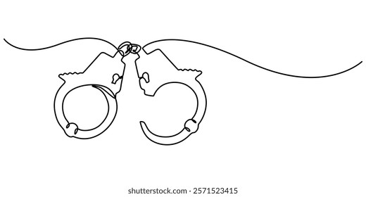 One line continuous drawing design of Handcuffs isolated on white background, Handcuffs in one continuous line drawing. Symbol of police justice and jail prison concept in simple linear style. True. 
