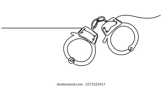 One line continuous drawing design of Handcuffs isolated on white background, Handcuffs in one continuous line drawing. Symbol of police justice and jail prison concept in simple linear style. True. 